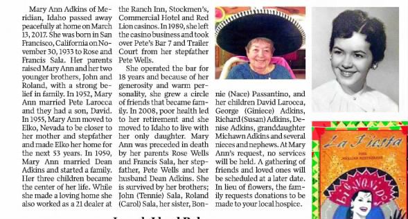 Obituary of Mary Ann Sala 22 Mar 2017